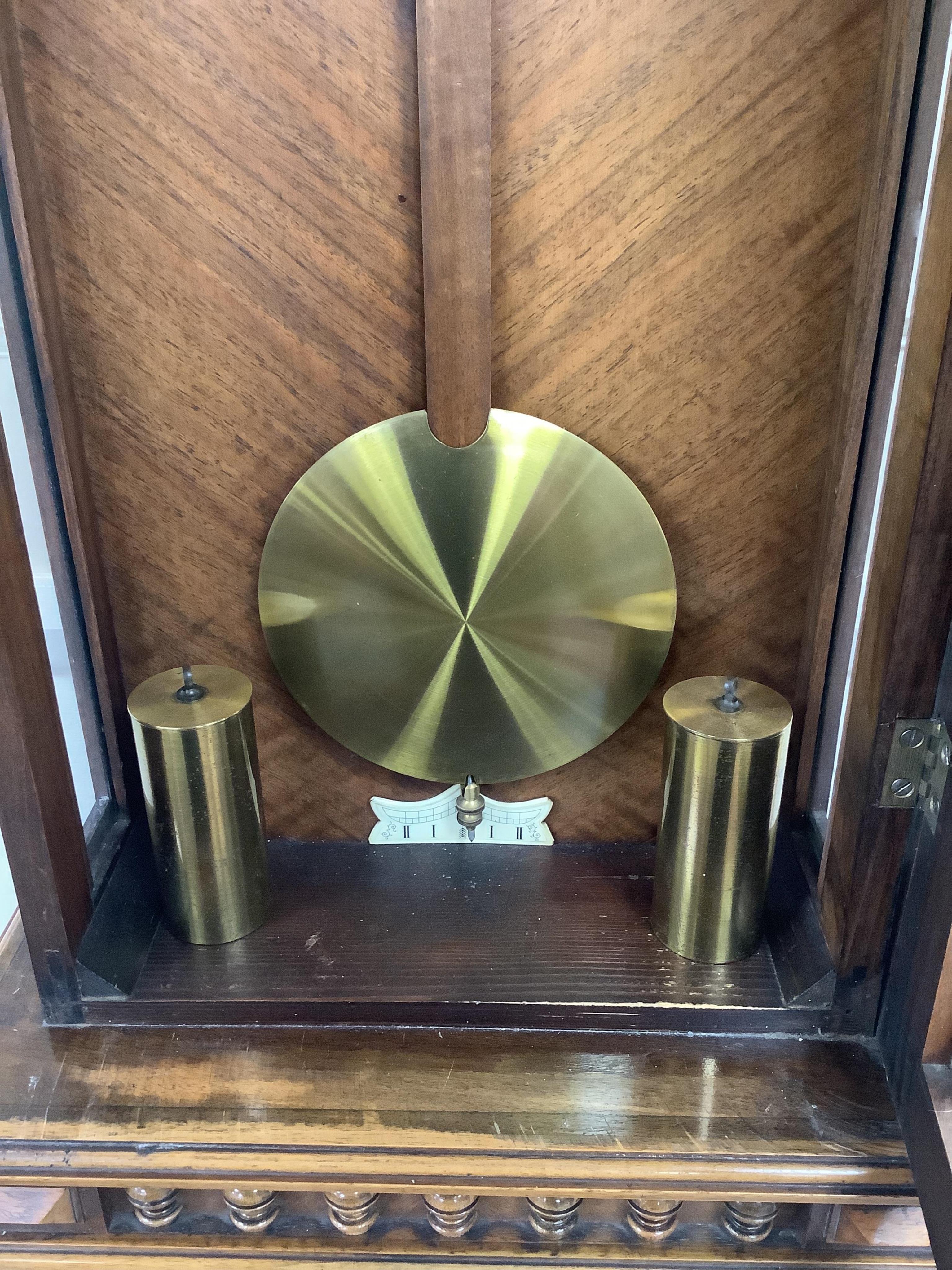 An early 20th century walnut Vienna style regulator wall clock, height 140cm. Condition - good